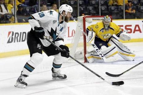 San Jose Sharks center Joe Thornton plays against the Nashville Predators in the third period of an NHL hockey game Saturday Feb. 6 2016 in Nashville Tenn