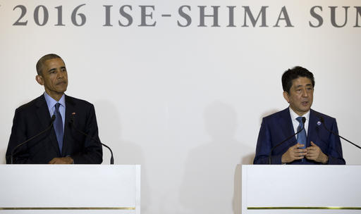 President Barack Obama and Japanese Prime Minister Shinzo Abe speak to media in Shima Japan Wednesday