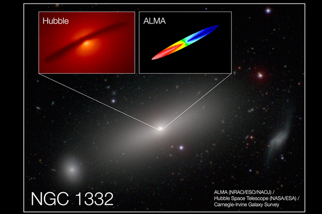 Combined image of NGC 1332 shows the central disk of gas surrounding the supermassive black hole at the center of the galaxy