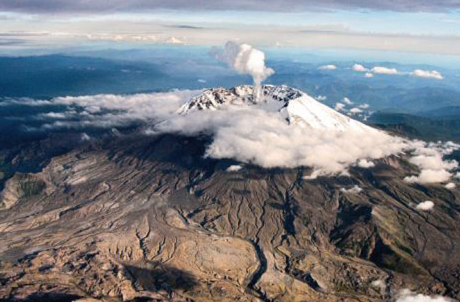 Aerial view of Mount St. Helens shows the volcano in 2005.		
									USGS  John Pallister