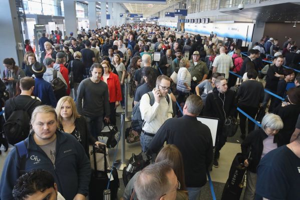 Passengers at O'Hare International Airport in Chicago wait