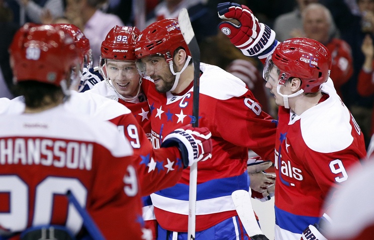 Alex Ovechkin, Evgeny Kuznetsov and Dmitry Orlov