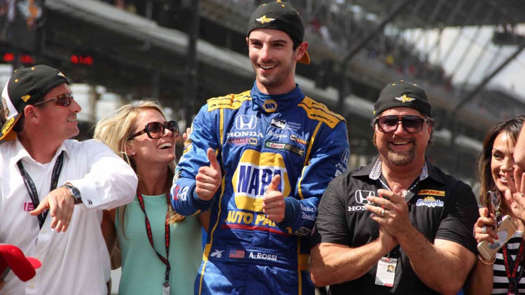 Alexander Rossi celebrating after his win at the 100th running of the Indianapolis 500