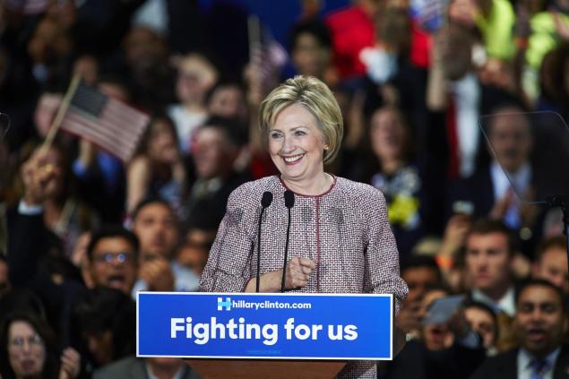 Democratic presidential candidate Hillary Clinton celebrates her win in the New York primary on Tuesday