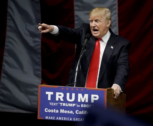 Republican presidential candidate Donald Trump speaks during a rally in Costa Mesa Calif. Police are preparing for the possibility of protests at a Trump rally in Orange County