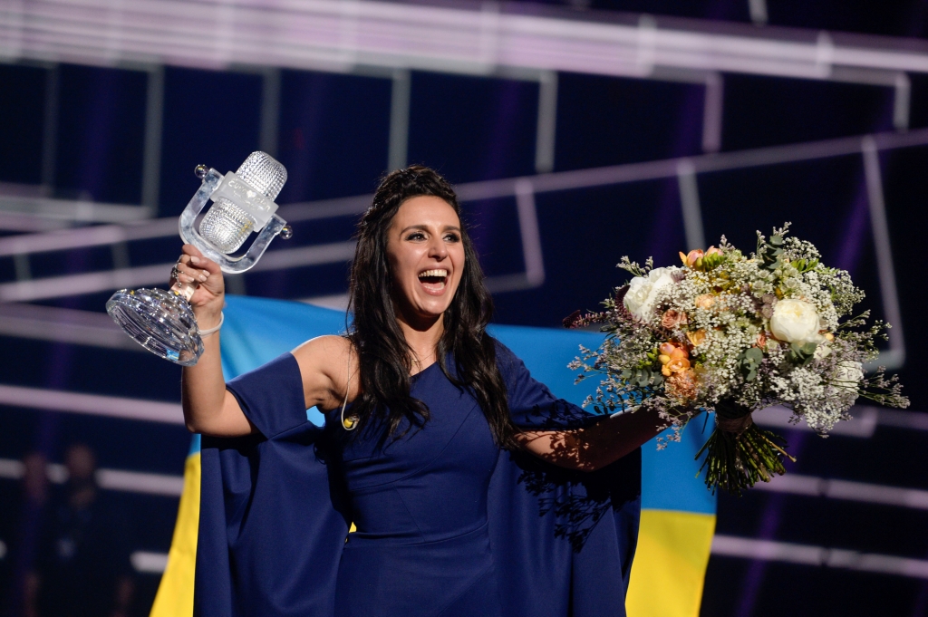 Ukraine's Jamala reacts on winning the Eurovision Song Contest final at the Ericsson Globe Arena in Stockholm