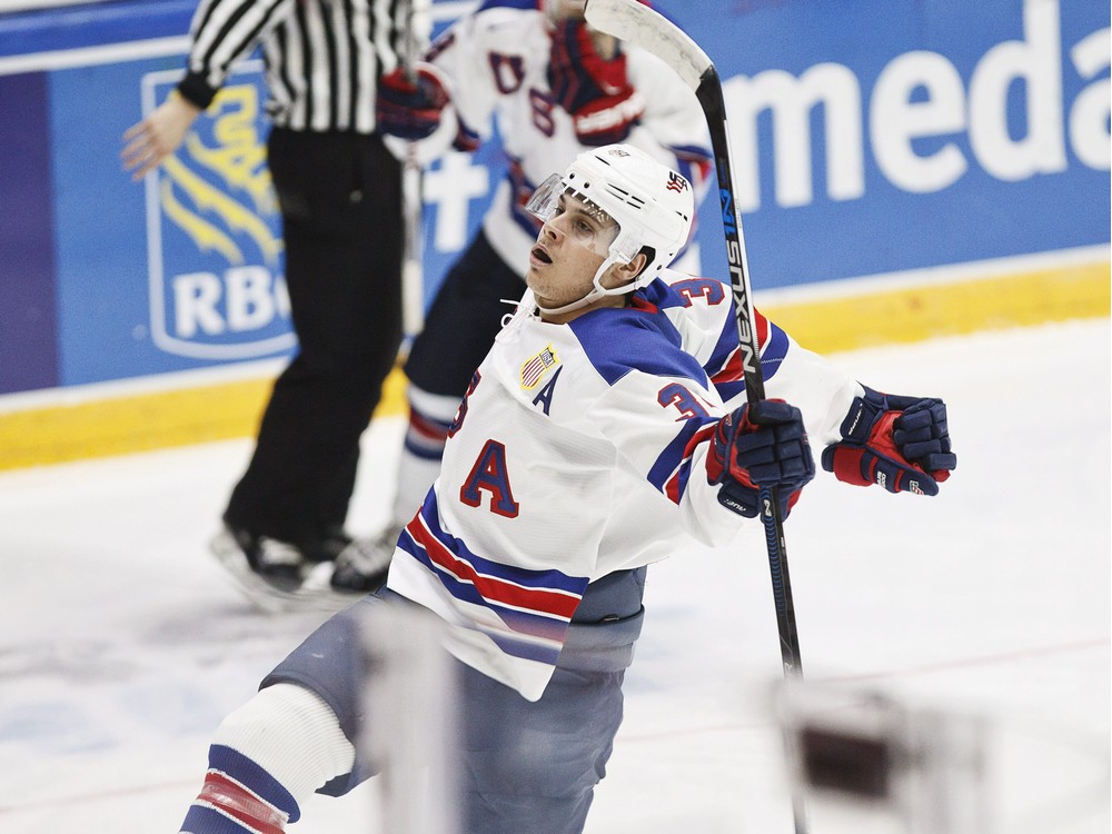 Auston Matthews of USA celebrates after scoring to take the score to 3-0 during the 2016 IIHF World Junior Ice Hockey Championships quarterfinal match between USA and Czech Republic in Helsinki Finland on January 2nd 2016