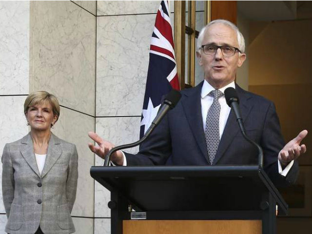 Australia Prime Minister Malcolm Turnbull announces his new cabinet as Foreign Minister Julie Bishop left looks on during a press conference at Parliament House in Canberra Australia Sunday Sept. 20 2015. Turnbull announced sweeping changes to his