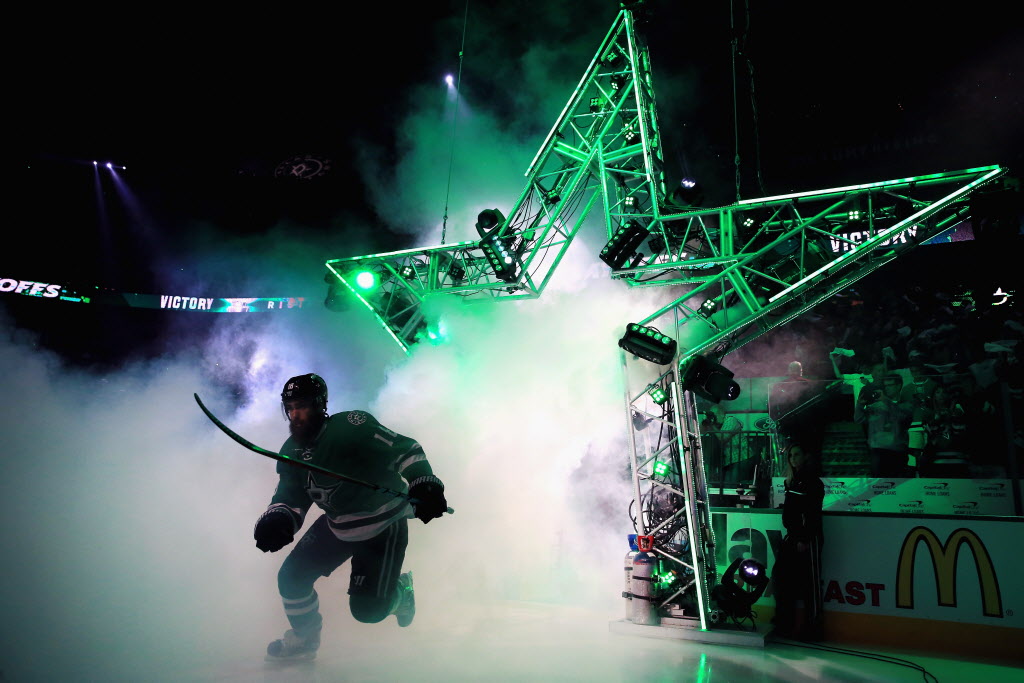 DALLAS TX- APRIL 29 Patrick Eaves #18 of the Dallas Stars skates onto the ice to take on the St. Louis Blues in Game One of the Western Conference Second Round during the 2016 NHL Stanley Cup Playoffs at American Airlines Center