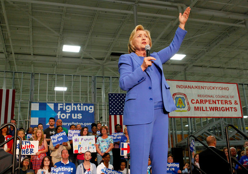 Democratic presidential candidate Hillary Clinton addresses the crowd during a campaign stop at the Union of Carpenters and Millwrights Training Center