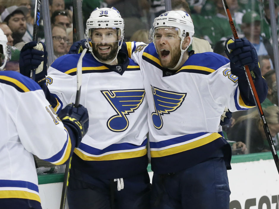 Troy Brouwer, left celebrates his goal with teammate Paul Stastny during the second period of Game 7 of their Western Conference semifinal series against the Stars in Dallas on Wednesday night