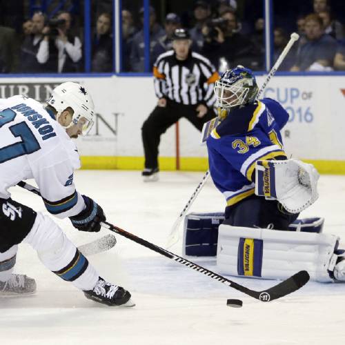 Sharks right wing Joonas Donskoi chases the puck against St. Louis Blues goalie Jake Allen during the third period in Game 5 of the NHL hockey Stanley Cup Western Conference finals Monday