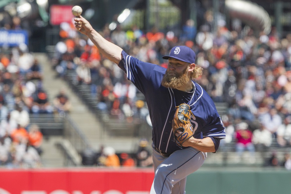 San Diego Padres starting pitcher Andrew Cashner throws a pitch during the Major League Baseball game between the San Diego Padres and San Francisco Giants at AT&T Park in San Francisco CA