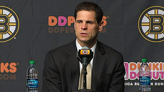 Boston Bruins general manager Don Sweeney talks to reporters April 14