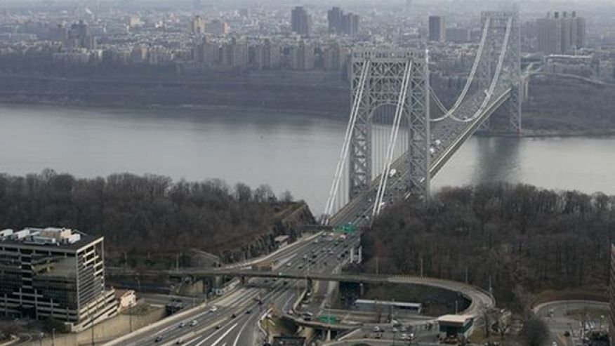 The George Washington Bridge carrying I-95 US-1 and US-9 across the Hudson River between New Jersey and New York is shown in this AP