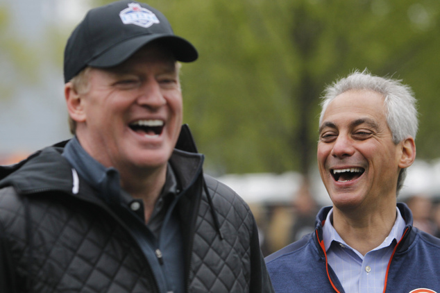 NFL Commissioner Roger Goodell left laughs with Chicago Mayor Rahm Emanuel during an NFL Play 60 event at Grant Park Wednesday