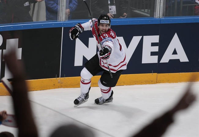 Canada’s Derick Brassard reacts after scoring team's third goal during the Ice Hockey World Championships semifinal match between canada and USA in Moscow Russia on Saturday