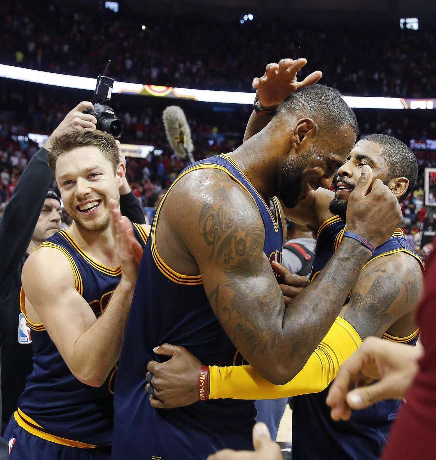 Matthew Dellavedova Le Bron James and Kyrie Irving celebrate afetr completing a series sweep in Atlanta