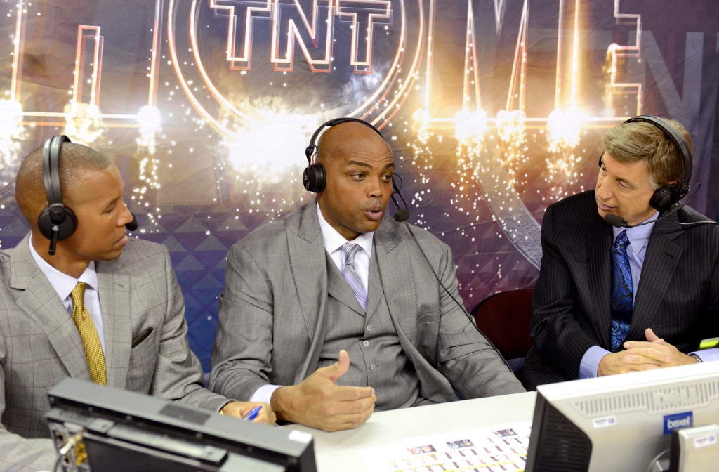 CLEVELAND OH- OCTOBER 30  TV analysts Reggie Miller Charles Barkley and Marv Albert speak before a game between the Cleveland Cavaliers and the New York Knicks at Quicken Loans Arena