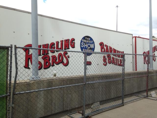 Circus trucks parked by the Rhode Island Convention Center