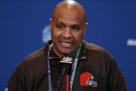 Feb 24 2016 Indianapolis IN USA Cleveland Browns coach Hue Jackson speaks to the media during the 2016 NFL Scouting Combine at Lucas Oil Stadium. Mandatory Credit Brian Spurlock-USA TODAY Sports