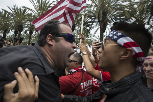 An anti Trump protester and a Trump support clash outside a campaign rally by presumptive GOP presidential candidate Donald Trump at the Anaheim Convention Center