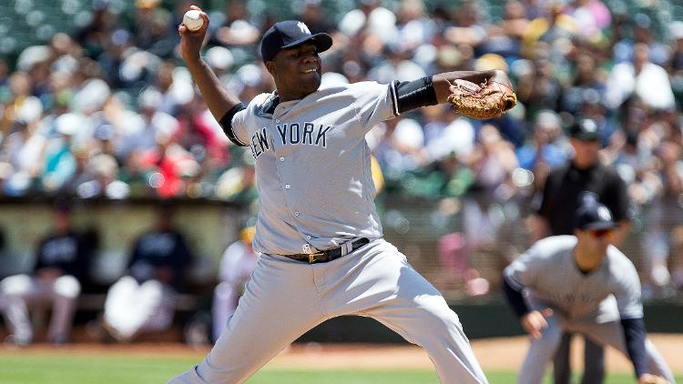 New York Yankees starting pitcher Michael Pineda pitches the ball against the Oakland Athletics during the first inning at the Oakland Coliseum