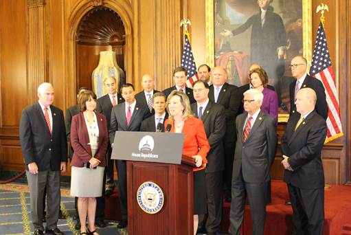 Congresswoman Barbara Comstock with her colleagues addressing reporters after passage of bipartisan opioid legislation