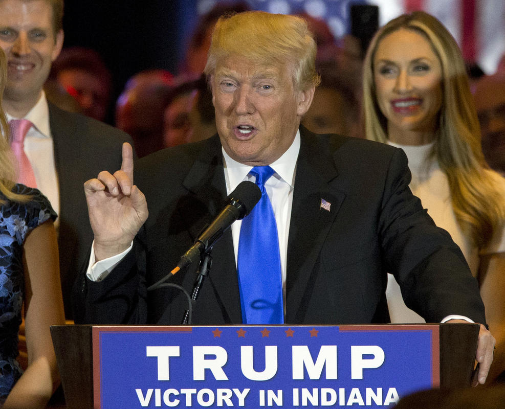 Donald Trump speaks during a primary night news conference Tuesday