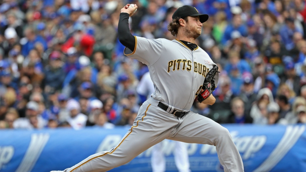 Pirates pitcher Gerrit Cole delivers a pitch at Wrigley Field on May 15th