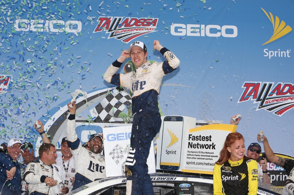 Brad Keselowski celebrates his GEICO 500 win in Gatorade Victory Lane at Talladega Superspeedway. This marks Keselowski's fourth win at the mammoth 2.66 mile track