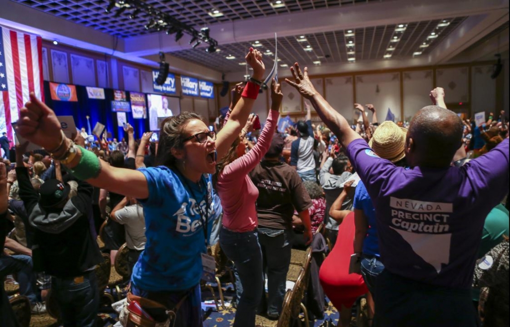 Supporters of Democratic presidential candidate Bernie Sanders react during the Nevada Democratic Party’s 2016 State Convention Las Vegas May 14