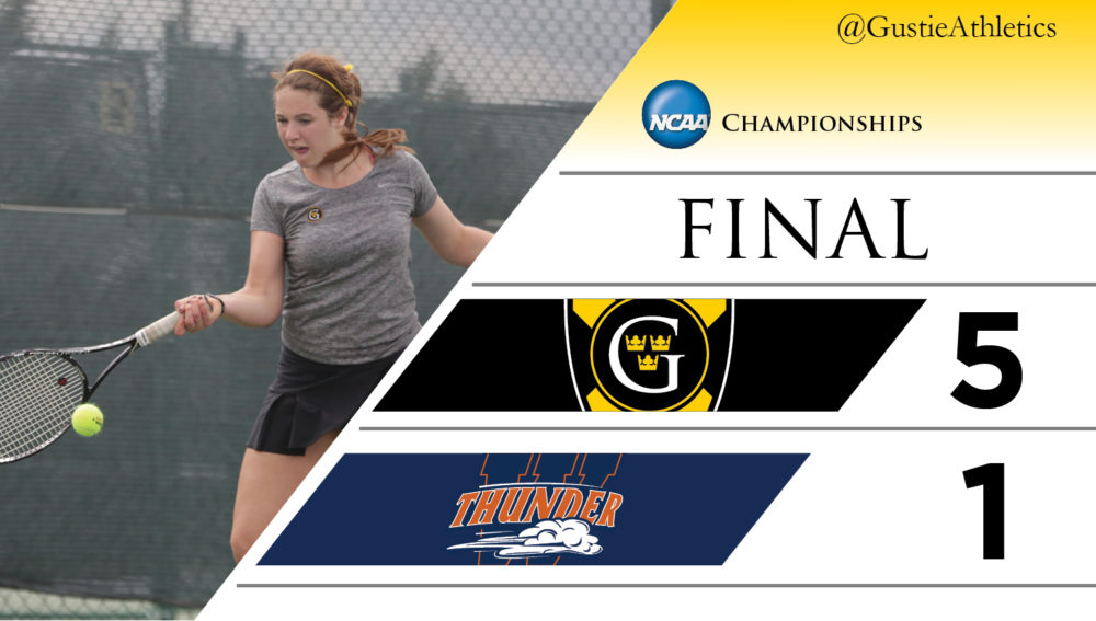 Katie Aney used a huge third set comeback to help the Gustie women's tennis team clinch a 5-1 victory over Wheaton in the first round of the NCAA Championships