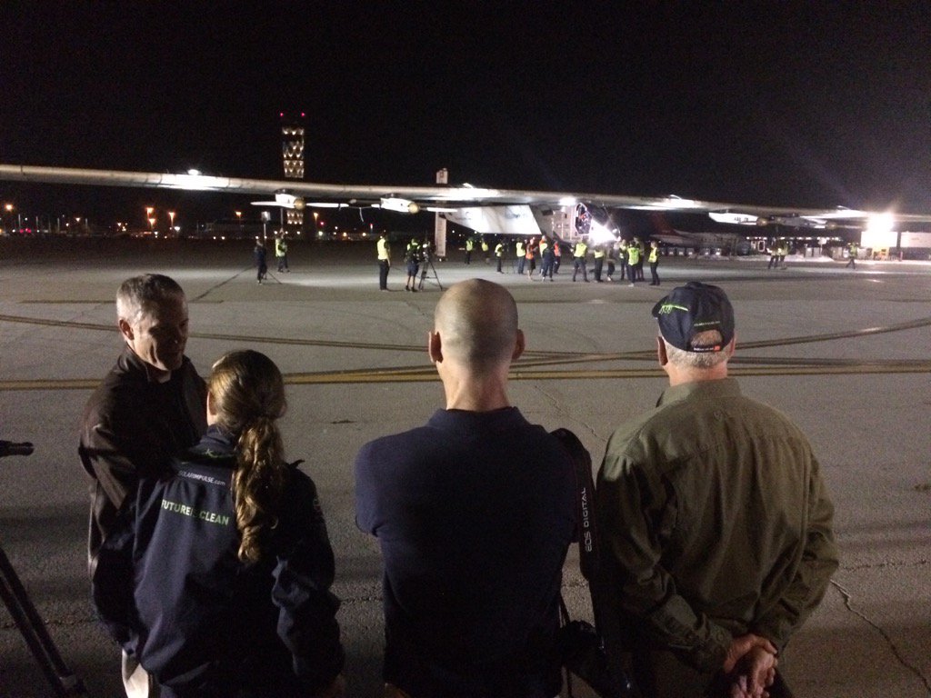 Descendants of the Wright Brothers watch as Solar Impulse 2 prepares to leave Dayton International Airport on Wednesday