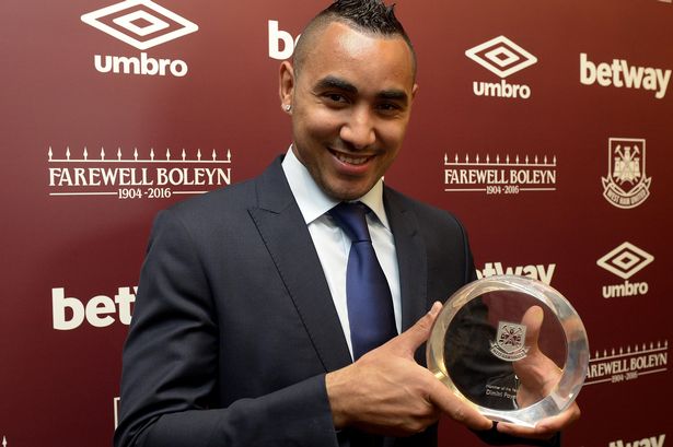 Dimitri Payet of West Ham United with his Hammer of the Year award during the Players Awards at The London Hilton Hotel