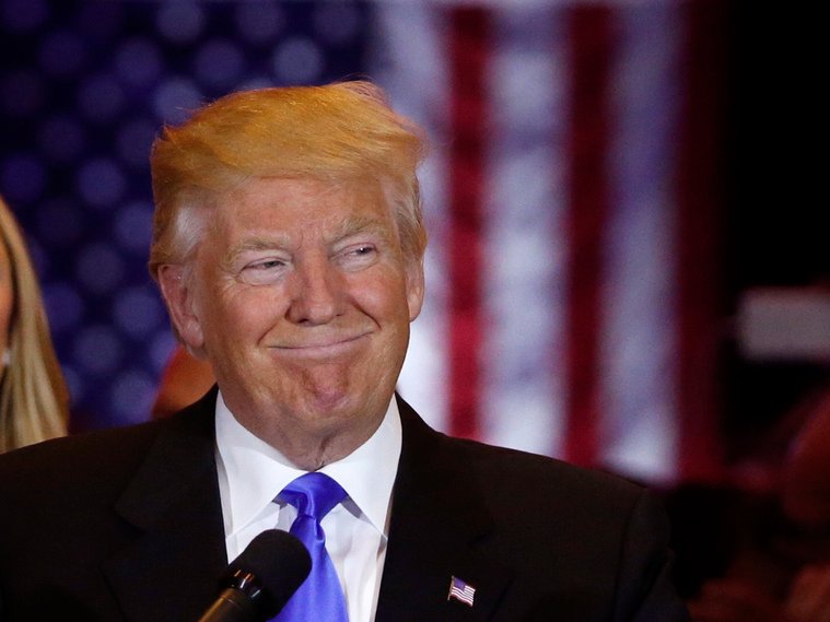 Republican U.S. presidential candidate Donald Trump smiles as he speaks at the start of a campaign victory party after rival candidate Senator Ted Cruz dropped after the race for the Republican presidential nomination at Trump Tower in Manhattan New Yor