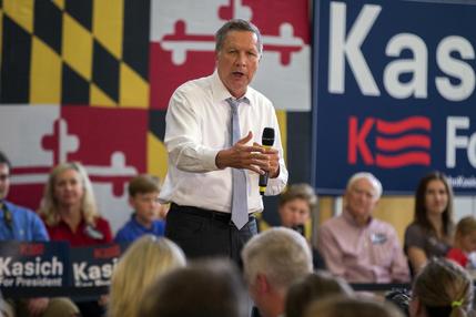 Republican presidential candidate Ohio Gov. John Kasich speaks during a town hall at Thomas Farms Community Center in Rockville Md. Texas Sen. Ted Cruz and Kasich are having a tough time attracting establishment Republican