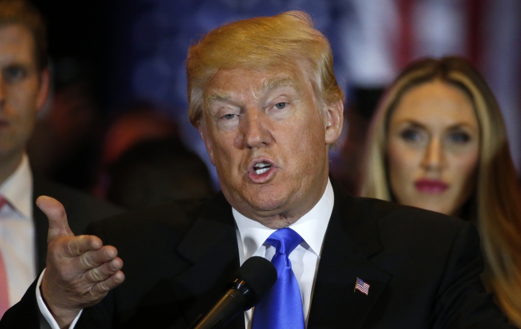 Republican presidential candidate and businessman Donald Trump speaks to supporters after his win in the Indiana primary in New York