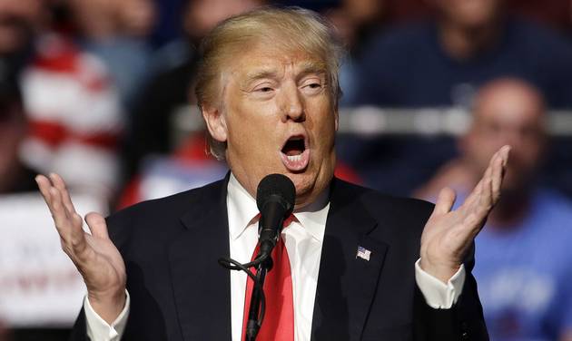 Republican presidential candidate Donald Trump speaks during a campaign stop at the Allen County War Memorial Coliseum Sunday