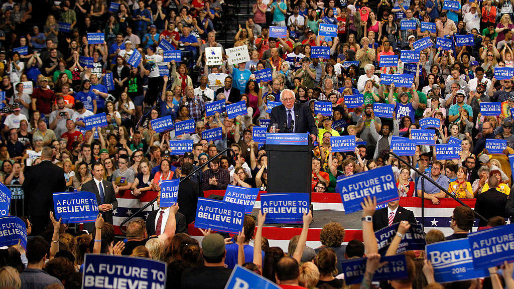 Democratic presidential candidate Bernie Sanders addresses the crowd during a campaign rally at the Big Sandy Superstore Arena in Huntington