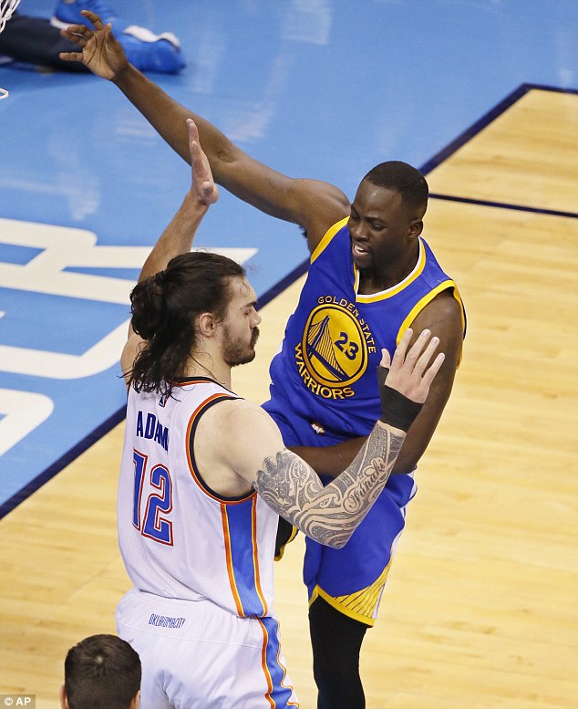 Coming in for the hit Golden State Warriors Draymond Green fouls Oklahoma City Thunder center Steven Adams in the first half in Game 3 of the NBA basketball Western Conference finals in Oklahoma City