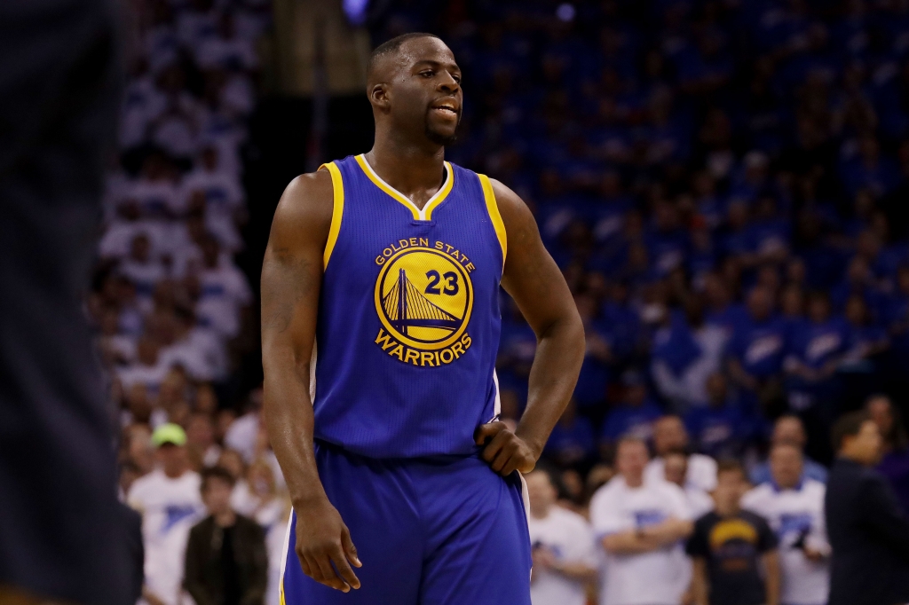 OKLAHOMA CITY OK- MAY 22 Draymond Green #23 of the Golden State Warriors reacts in the first half against the Oklahoma City Thunder in game three of the Western Conference Finals during the 2016 NBA Playoffs at Chesapeake Energy Arena