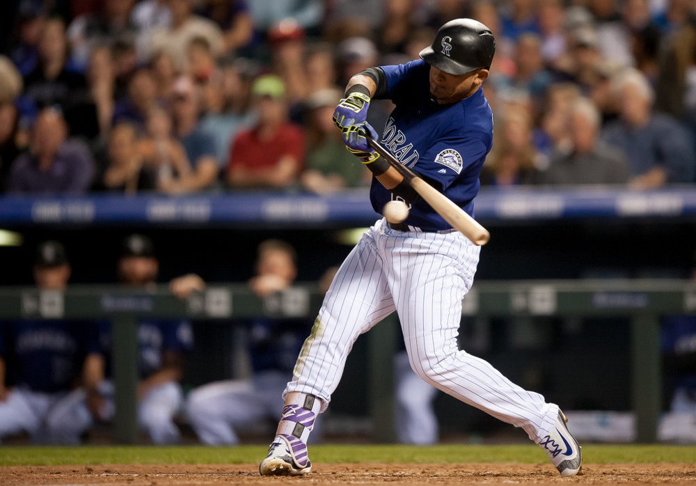 Colorado Rockies right fielder Gerardo Parra during a regular season Major League Baseball game between the Los Angeles Dodgers and the Colorado Rockies at Coors Field in Denver Colorado. *****For Editorial Use Only