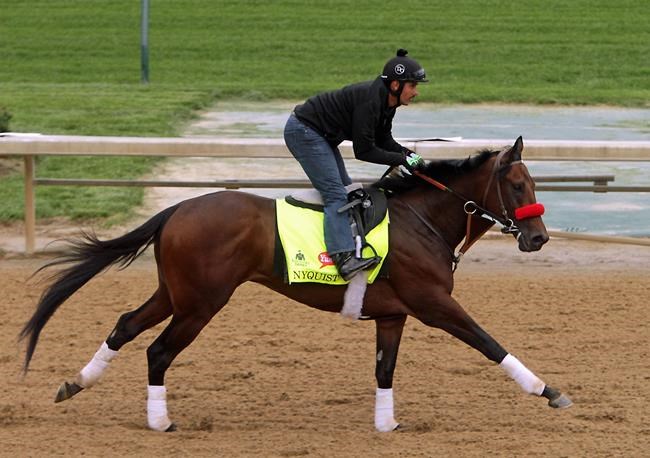 Kentucky Derby hopeful Nyquist ridden by Jonny Garcia gallops at Churchill Downs in Louisville Ky. Tuesday