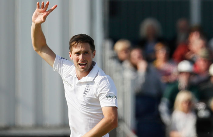 England's Chris Woakes celebrates taking the wicket of Sri Lanka's Kusal Medis during the second Test at Durham Saturday. — Reuters