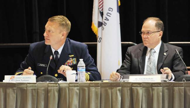 Coast Guard Captain Jason Neubauer the Chief investigator and Tom Roth-Roffy the NTSB Investigator-In-Charge during Monday morning's El Faro hearing. The second round of hearings on the ill fated El Faro cargo ship began Monday