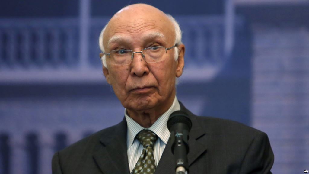 FILE- Pakistani foreign policy chief Sartaj Aziz