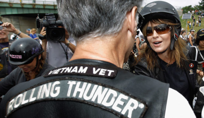 Former GOP vice presidential candidate Sarah Palin appears Sunday at the Rolling Thunder biker rally