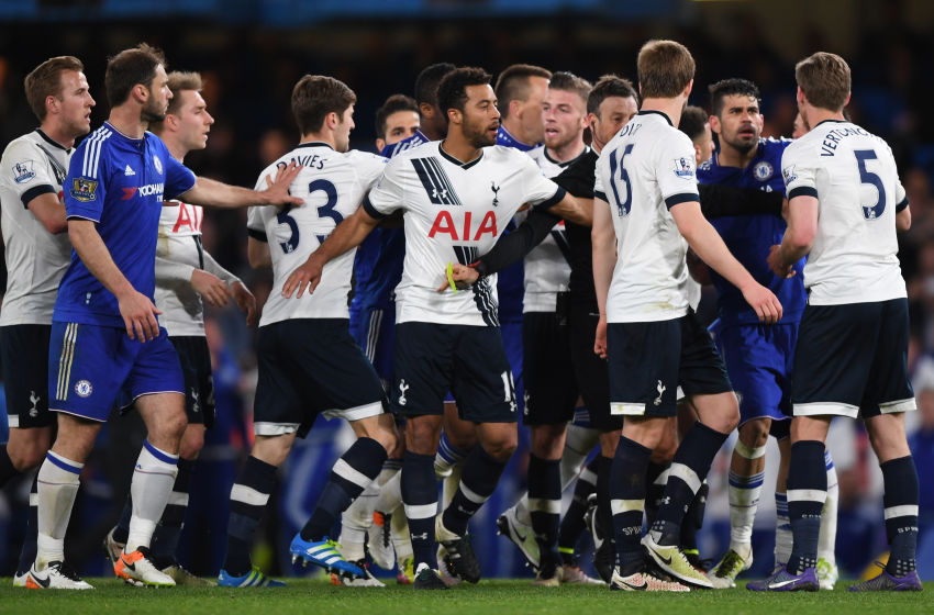 LONDON ENGLAND- MAY 02 A scuffle breaks out after Eric Dier of Tottenham Hotspur brings down Eden Hazard of Chelsea during the Barclays Premier League match between Chelsea and Tottenham Hotspur at Stamford Bridge