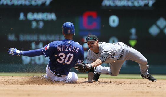 Mazara is tagged out at at second by Chicago White Sox shortstop Tyler Saladino in the first inning of a baseball game Wednesday